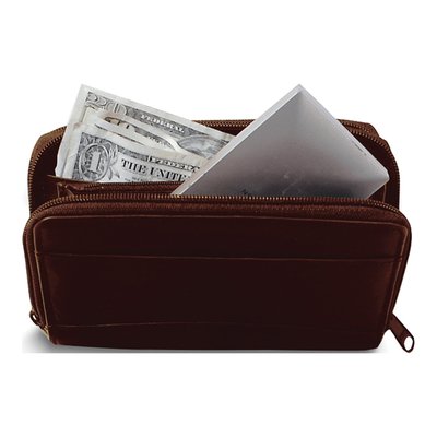 Brown Leather 8-Slot Double Zip Clutch with ID Windows