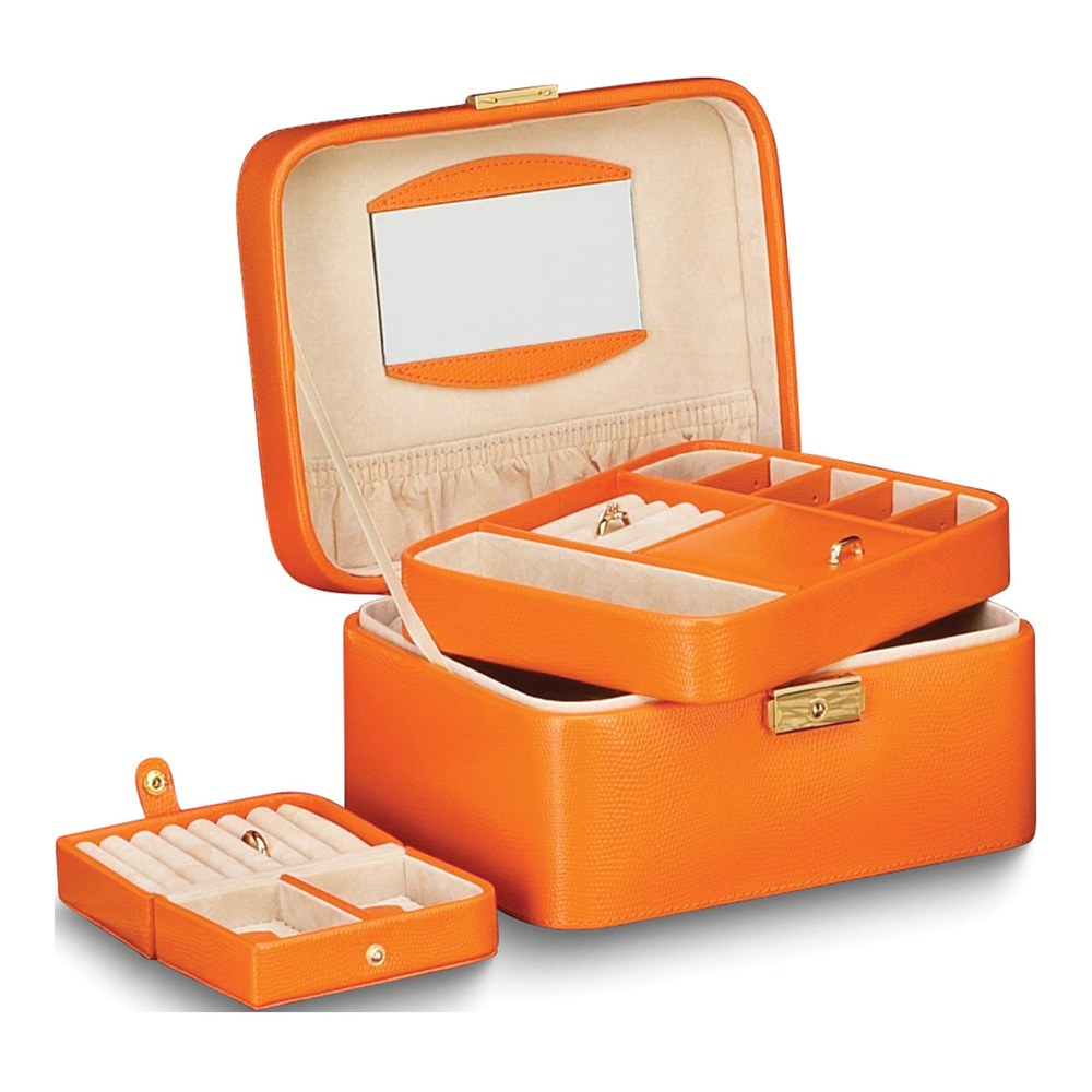 Orange Lizard-Textured Leather Locking Jewelry Case with