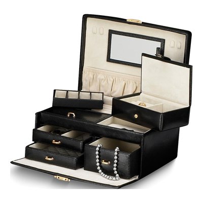Black Leather 3-Drawer Locking Jewelry Case with Mirror