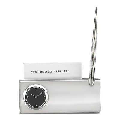 Silver-Tone Engravable Pen, Clock & Card Holder Gift