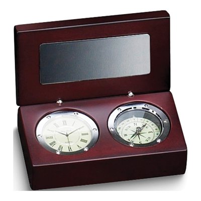 Rosewood Finish Wood Box with Compass & Clock