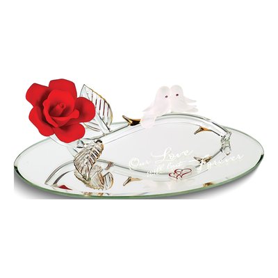 Handcrafted Glass Rose & Doves Figurine, 22k Gold Trim