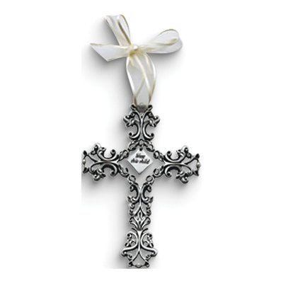 Pewter Filigree Cross Baby Gift with Ribbon