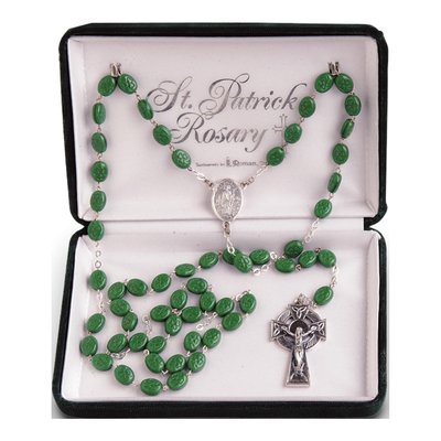 Celtic Green Glass Shamrock Rosary, 25 In