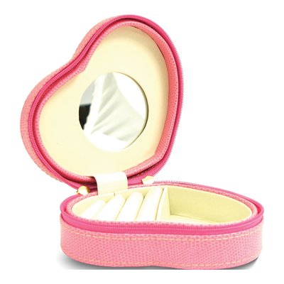 Pink Bonded Leather Zippered Heart Jewelry Case