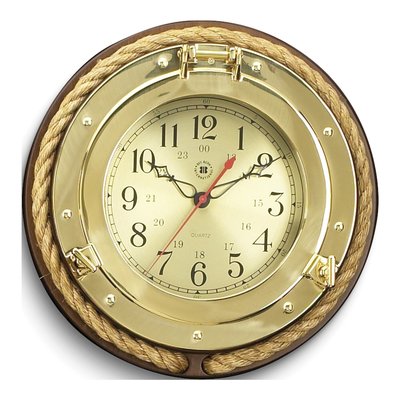 Solid Brass Porthole Clock on Wood Base