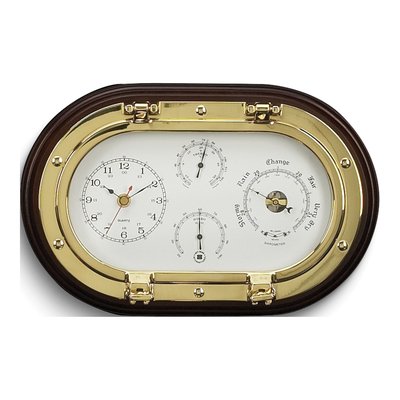Wood & Brass Weather Station with Clock & Barometer