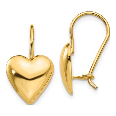 14K Yellow Gold Puffed Heart Kidney Wire Dangle Earrings