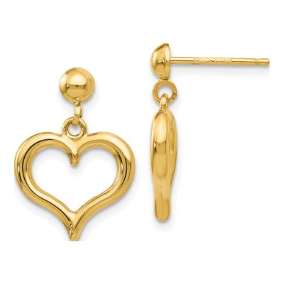 14K Yellow Gold Open Heart Dangle Earrings