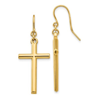 14K Yellow Gold Cross French Hook Dangle Earrings