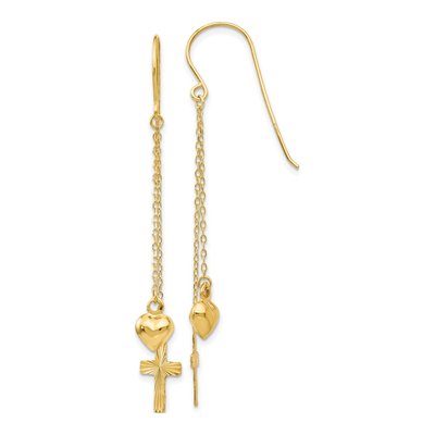 14K Yellow Gold Heart Cross Dangle Earrings