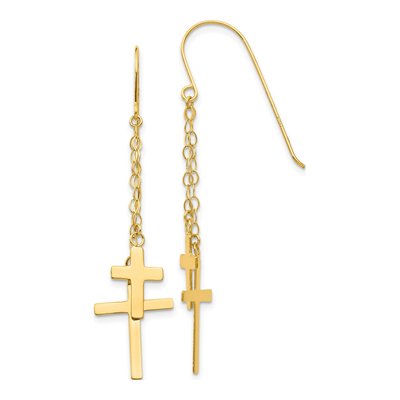 14K Yellow Gold Cross French Hook Dangle Earrings