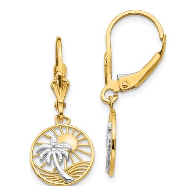 14K Yellow Gold Palm Tree Sun Leverback Earrings