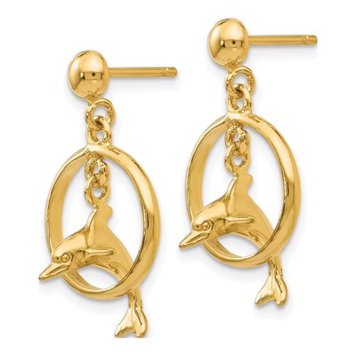 14K Yellow Gold Dolphin Dangle Earrings – view 2