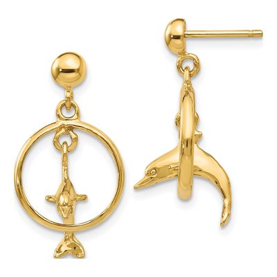 14K Yellow Gold Dolphin Dangle Earrings