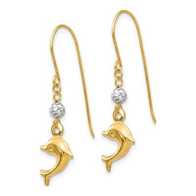 14K Two-Tone Gold Puffed Dolphin French Hook Dangle Earrings – view 3