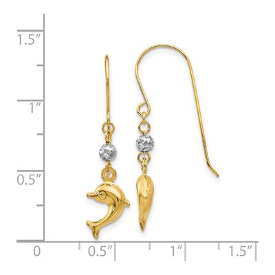 14K Two-Tone Gold Puffed Dolphin French Hook Dangle Earrings – view 5