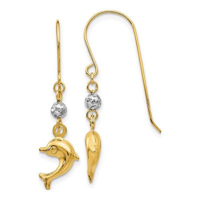 14K Two-Tone Gold Puffed Dolphin French Hook Dangle Earrings