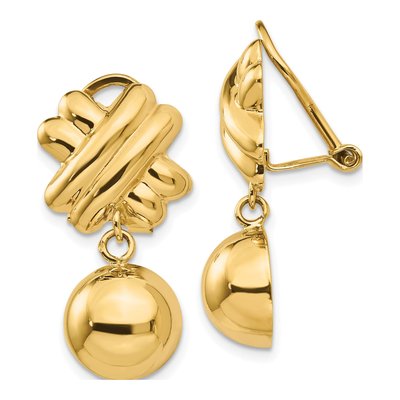 14K Yellow Gold Fancy Half Ball Omega Dangle Earrings