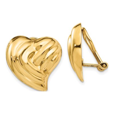 14K Yellow Gold Striped Heart Omega Back Stud Earrings