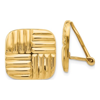 14K Yellow Gold Square Basketweave Button Stud Earrings