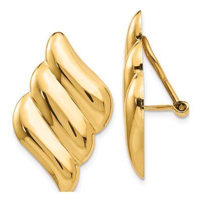 14K Yellow Gold Ribbed Omega Back Non-Pierced Stud Earrings