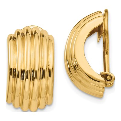 14K Yellow Gold 16mm Ribbed Half Omega Hoop Earrings