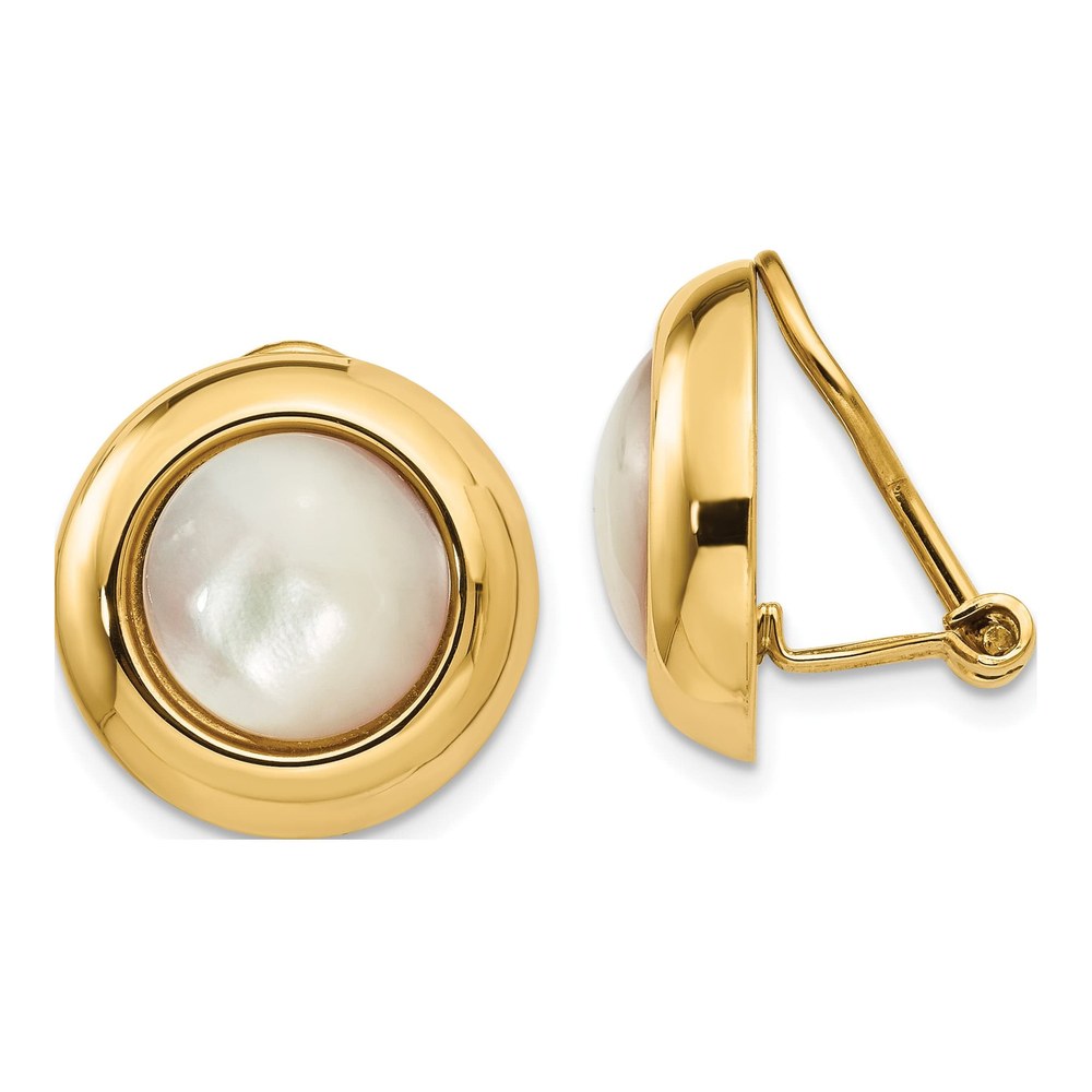 14K Yellow Gold Mother of Pearl Omega Clip Non-Pierced Stud Earrings