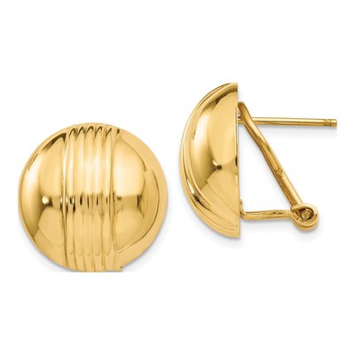 14K Yellow Gold Ribbed Domed Omega-Back Button Stud Earrings