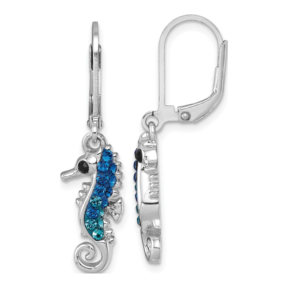 Sterling Silver Rhodium-Plated Polished Blue Crystal Seahorse Dangle Earrings