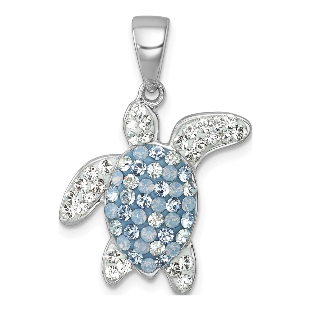 Sterling Silver Rhodium-Plated Polished Blue And White Crystal Turtle Pendant