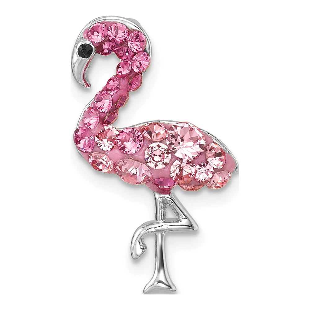 Sterling Silver Rhodium-Plated Polished Pink Crystal Flamingo Chain Slide