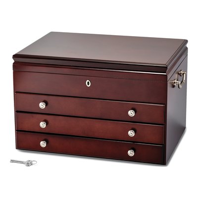 Cherry Finish Wood 3-Drawer Locking Jewelry Chest