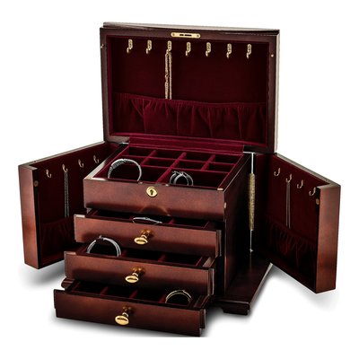 Matte Cherry 3-Drawer Locking Wooden Jewelry Chest – view 3