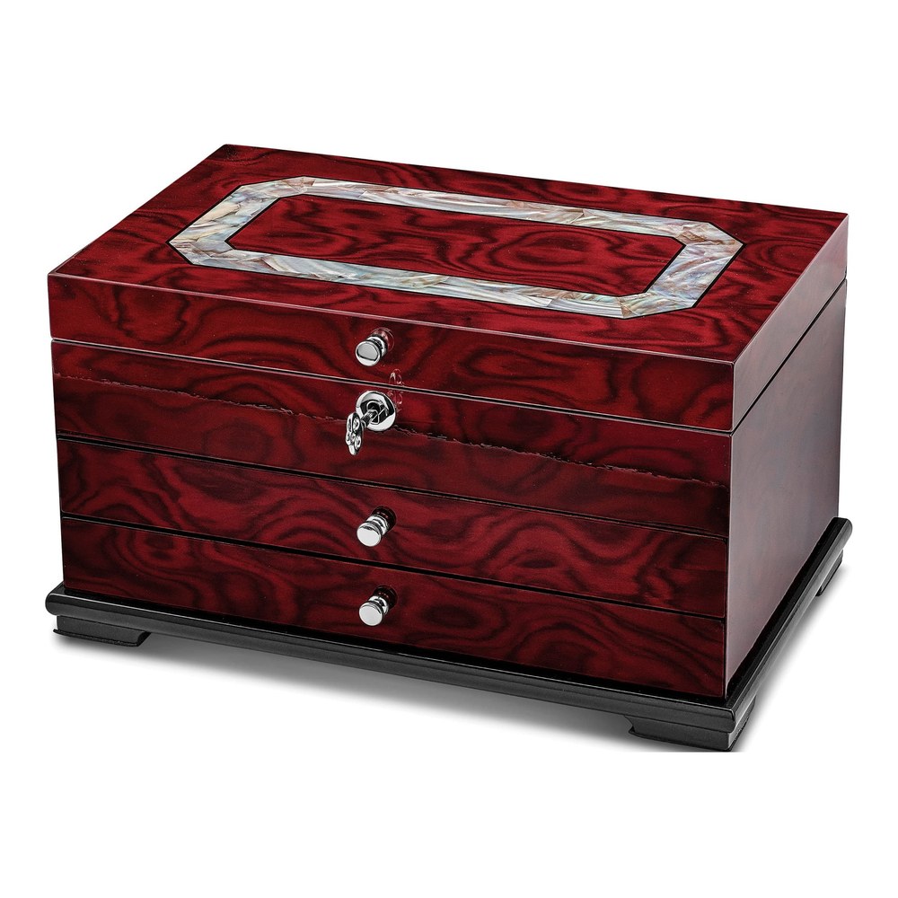 Luxury Giftware High Gloss Rosewood Veneer W/Mother Of Pearl Inlay 2-Drawer Locking Wooden Jewelry Box