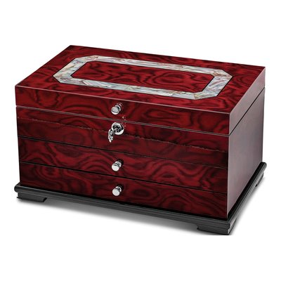 Luxury Giftware High Gloss Rosewood Veneer W/Mother Of Pearl Inlay 2-Drawer Locking Wooden Jewelry Box