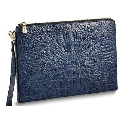 Navy Croc-Texture Leather Zip Portfolio