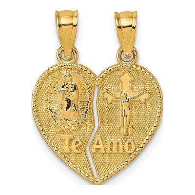 14K Yellow Gold Guadalupe Crucifix Break-Apart Heart Pendant