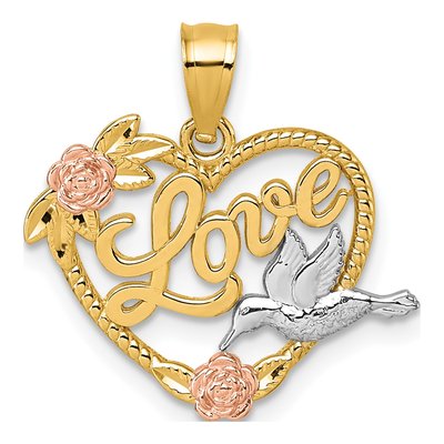 14K Two-Tone Gold LOVE Heart Bird Pendant