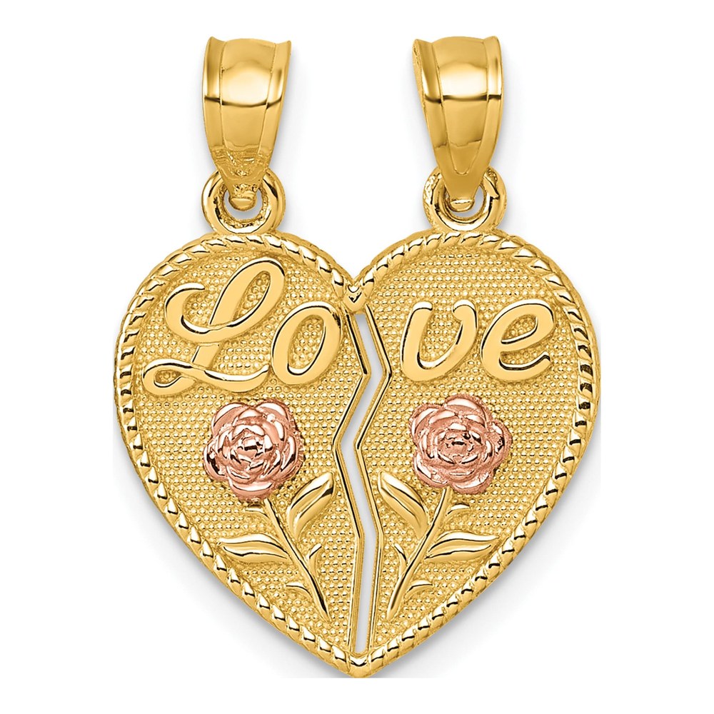14K Two-Tone Polished Break-Apart Heart With Love And Roses Pendant