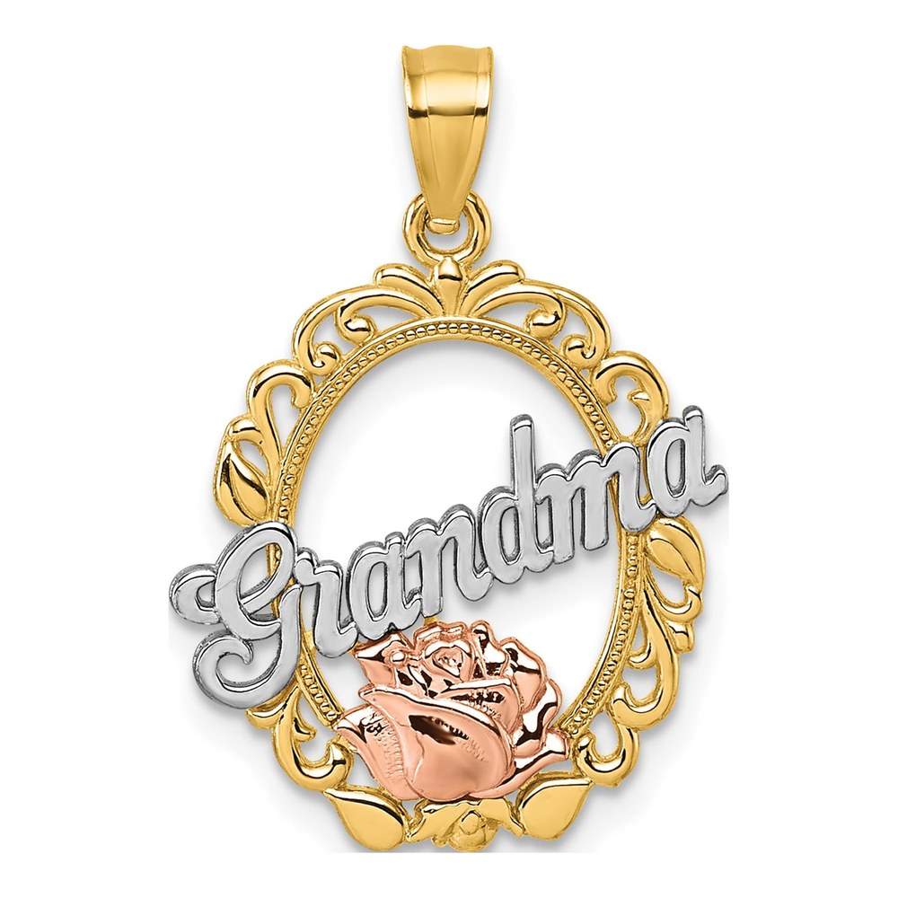 14K Two-Tone And White Rhodium Polished Grandma Rose Oval Pendant
