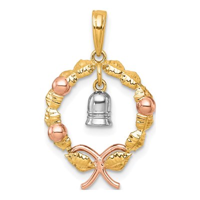 14K Two-Tone Gold Wreath Dangle Bell Pendant – view 4