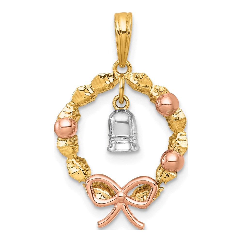 14K Two-Tone With Rose-Plating Polished Wreath With Dangle Bell Charm Pendant