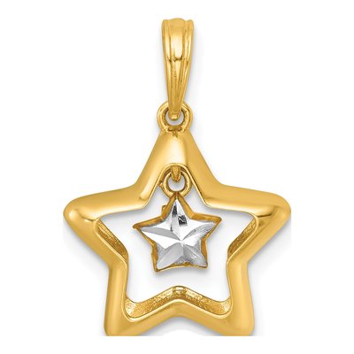 14K With White Rhodium Polished Star In Star Dangle Charm Pendant
