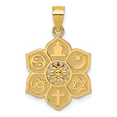 14K Yellow Gold Textured Multi-Faith Symbol Flower Pendant