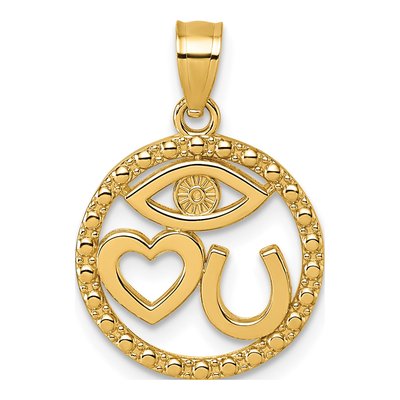 14K Yellow Gold Heart Evil Eye Horseshoe Pendant