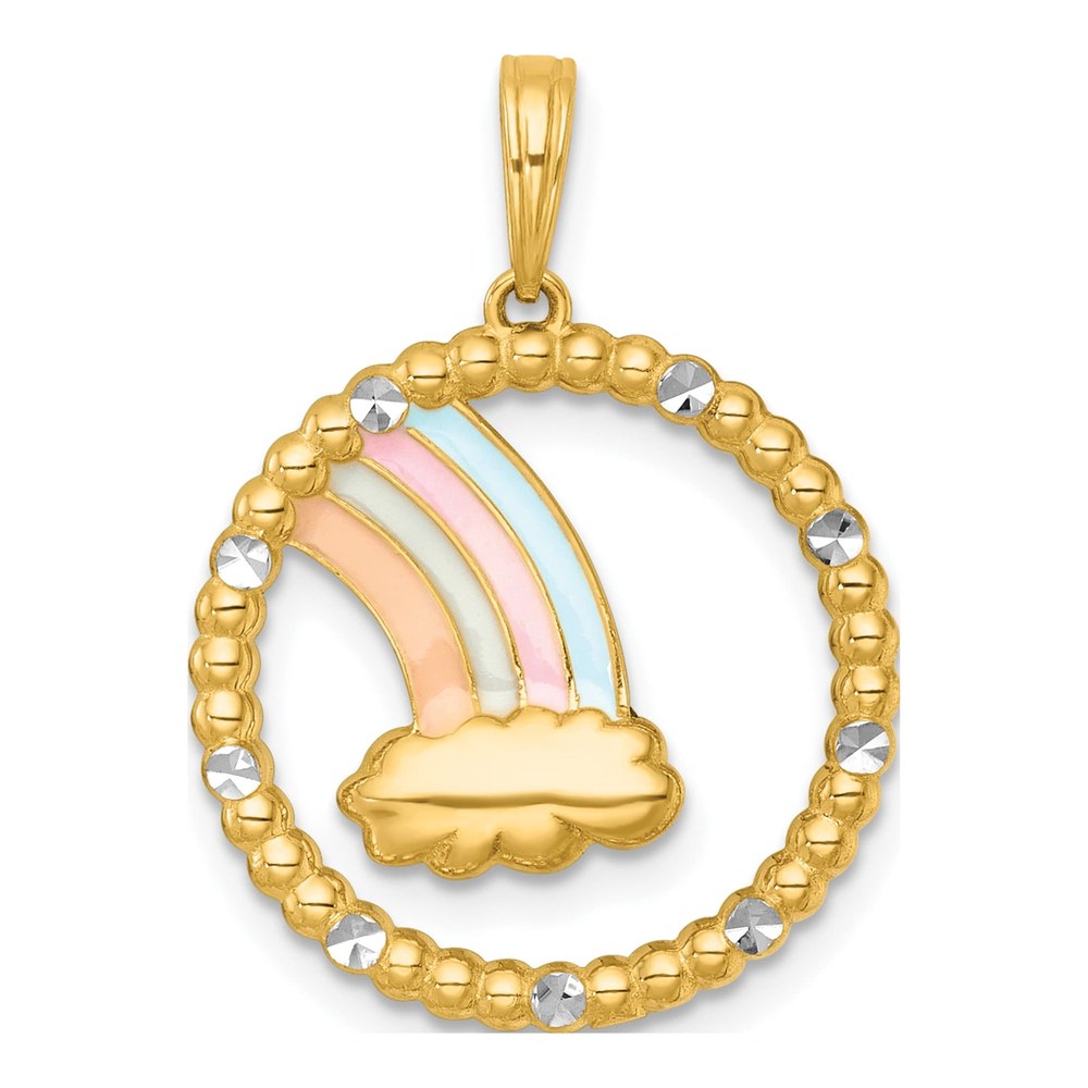 14K With White Rhodium Multi Color Enamel Rainbow With Cloud In Circle Charm Pendant
