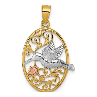 14K Two-Tone Gold Hummingbird Filigree Pendant