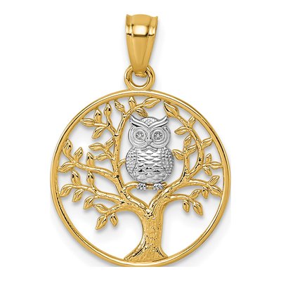 14K Yellow Gold Owl Tree Pendant