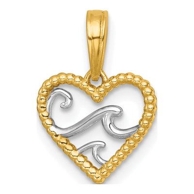 14K Yellow Gold Reversible Waves Heart Pendant